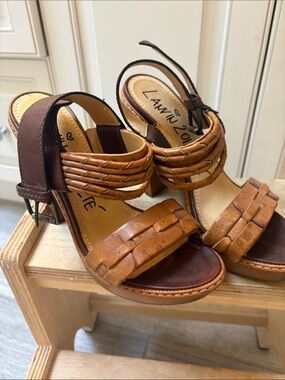Lanvin Tan Brown Woven Leather Block Heels